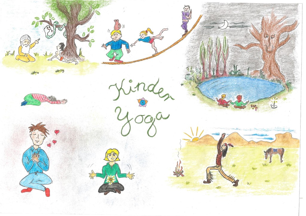 Ein selbstgemaltes Bild zum Thema Kinder-Yoga, Kinder in unterschiedlichen Yoga Haltungen
